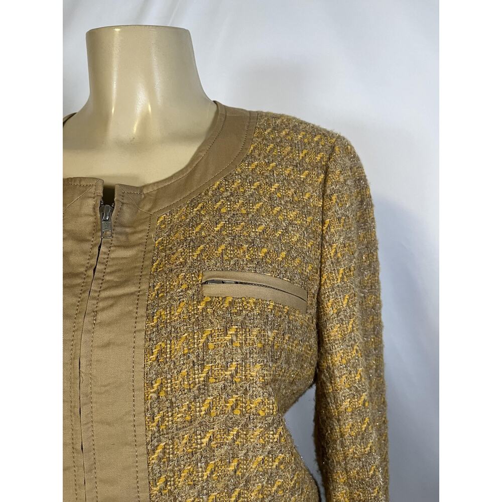 J Crew Jacket Womens 12 Beige Tweed Zip Front Collarless Lined Moto Style